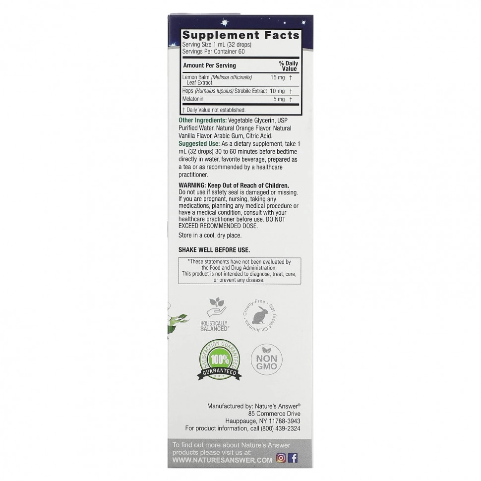 Nature's Answer Liquid Melatonin+ tabiiy vanil va apelsinli krem, 5 mg, 60 ml (26136) arzon