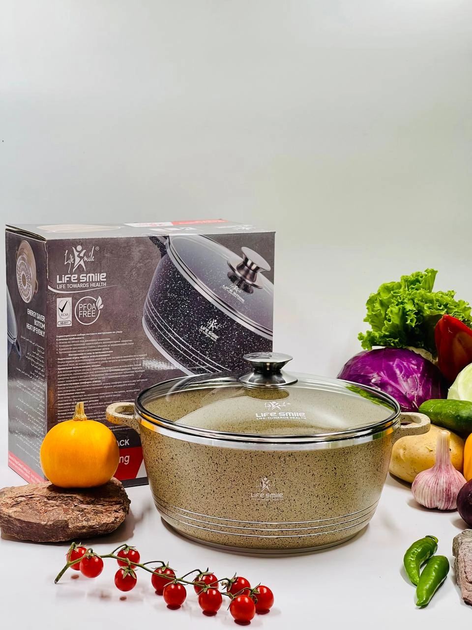 Казан со стеклянной крышкой Life Smile 24см 4,1л, BEIGE в Узбекистане