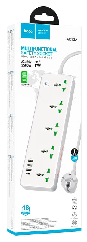 Hoco AC13A 5 sockets EU White uzaytirgichi narxi