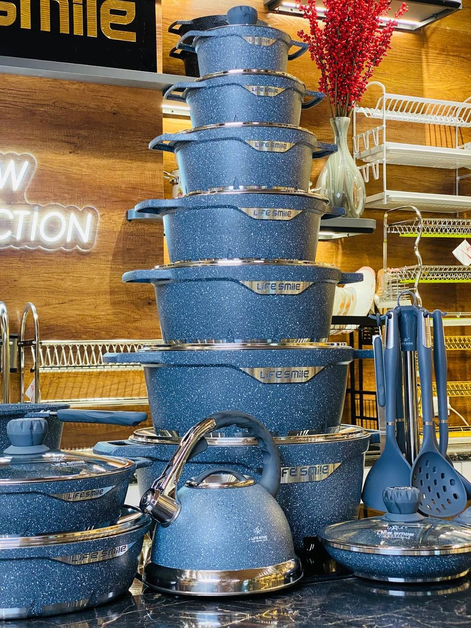 Life Smile Granit qozonlar va oshxona anjomlari to'plami,  FLHM-11-BLUE bo'lib to'lash
