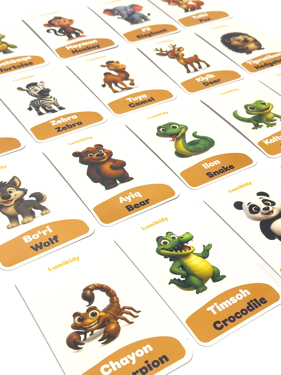 Bolalar rivojlanishi uchun kartochkalar: Yovvoyi hayvonlar- Wild animals (ingliz tilida) O'zbekistonda