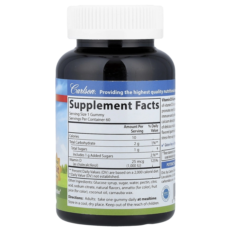 Carlson, Vitamin D3, chaynash tabletkalari, tabiiy mevalar, 25 mkg (1000 ME), 60 chaynash tabletkalari (49400) arzon