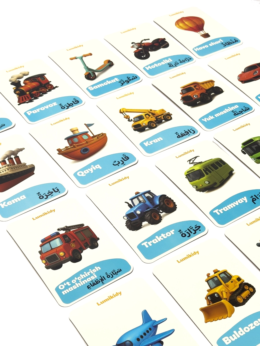 Bolalar rivojlanishi uchun kartochkalar: Transport (arab tilida) bo'lib to'lash