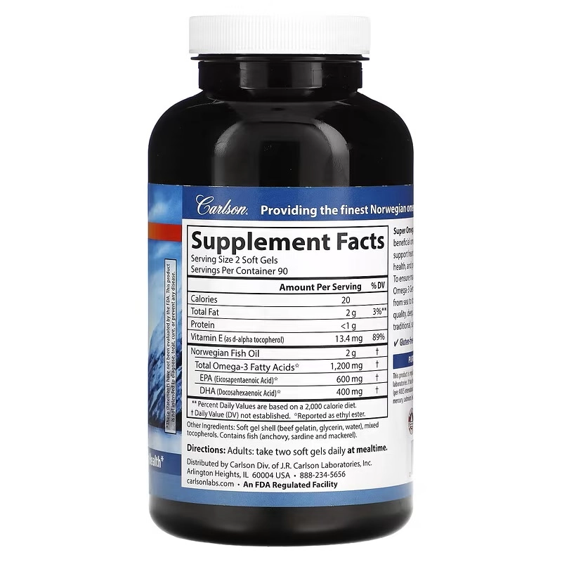 Carlson, Super Omega-3 Gems, yuqori samarali omega-3 yog' kislotalari yovvoyi baliqdan, 1200 mg, 180 kapsula (har bir kapsulada 600 mg) arzon