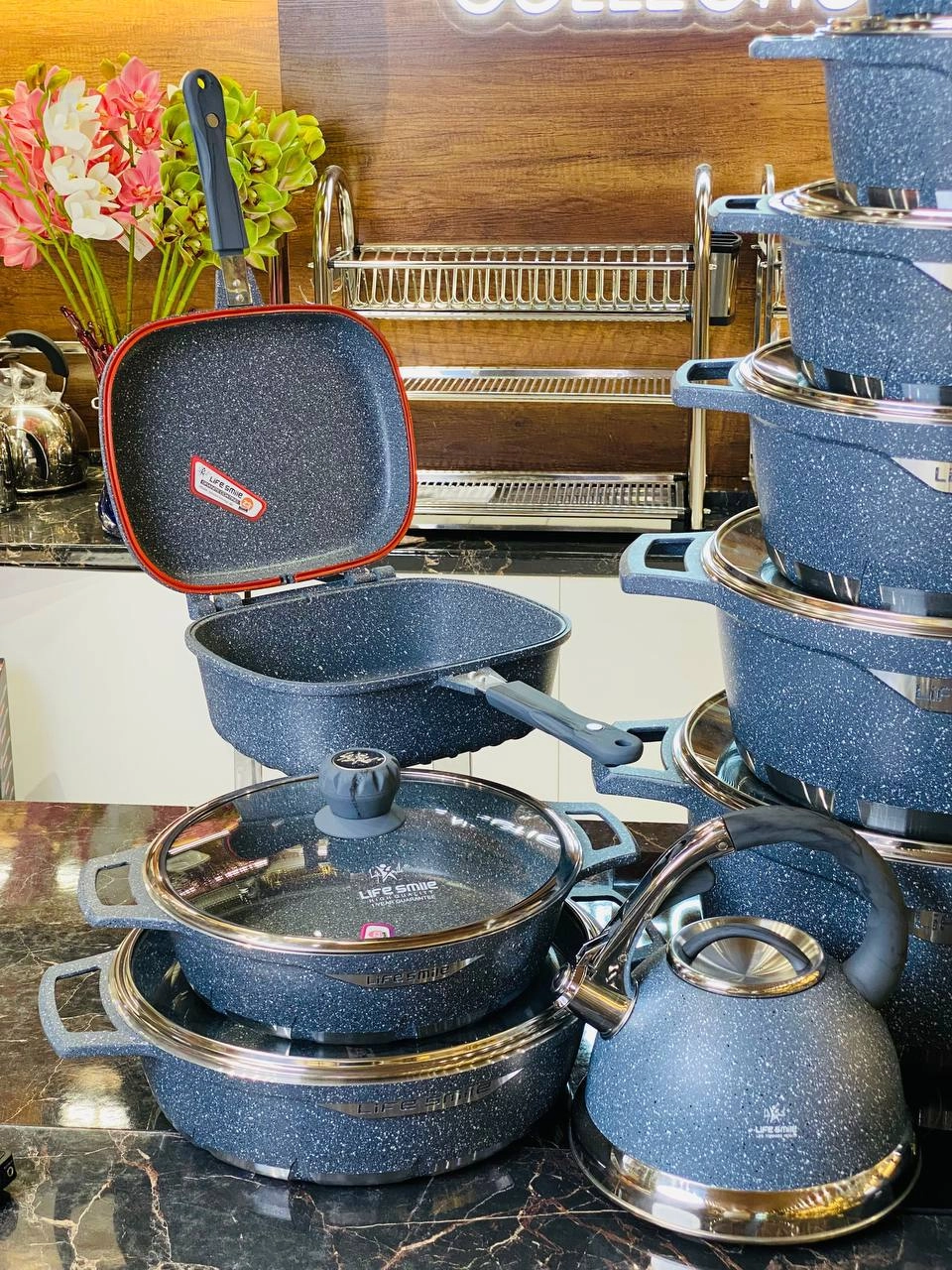 Life Smile Granit qozonlar va oshxona anjomlari to'plami,  FLHM-11-BLUE O'zbekistonda