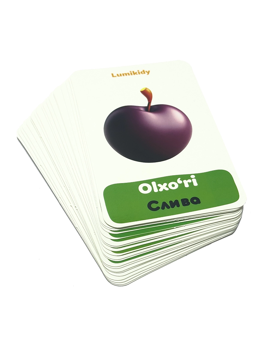 Bolalar rivojlanishi uchun kartochkalar: Mevalar - Фрукты (rus tilida) onlayn