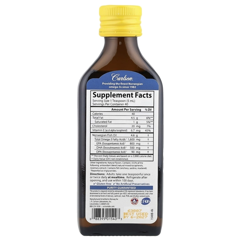 Carlson Norwegian Fish Oil limonli Omega-3, 200 ml (1600 mg Omega-3) (01540) arzon