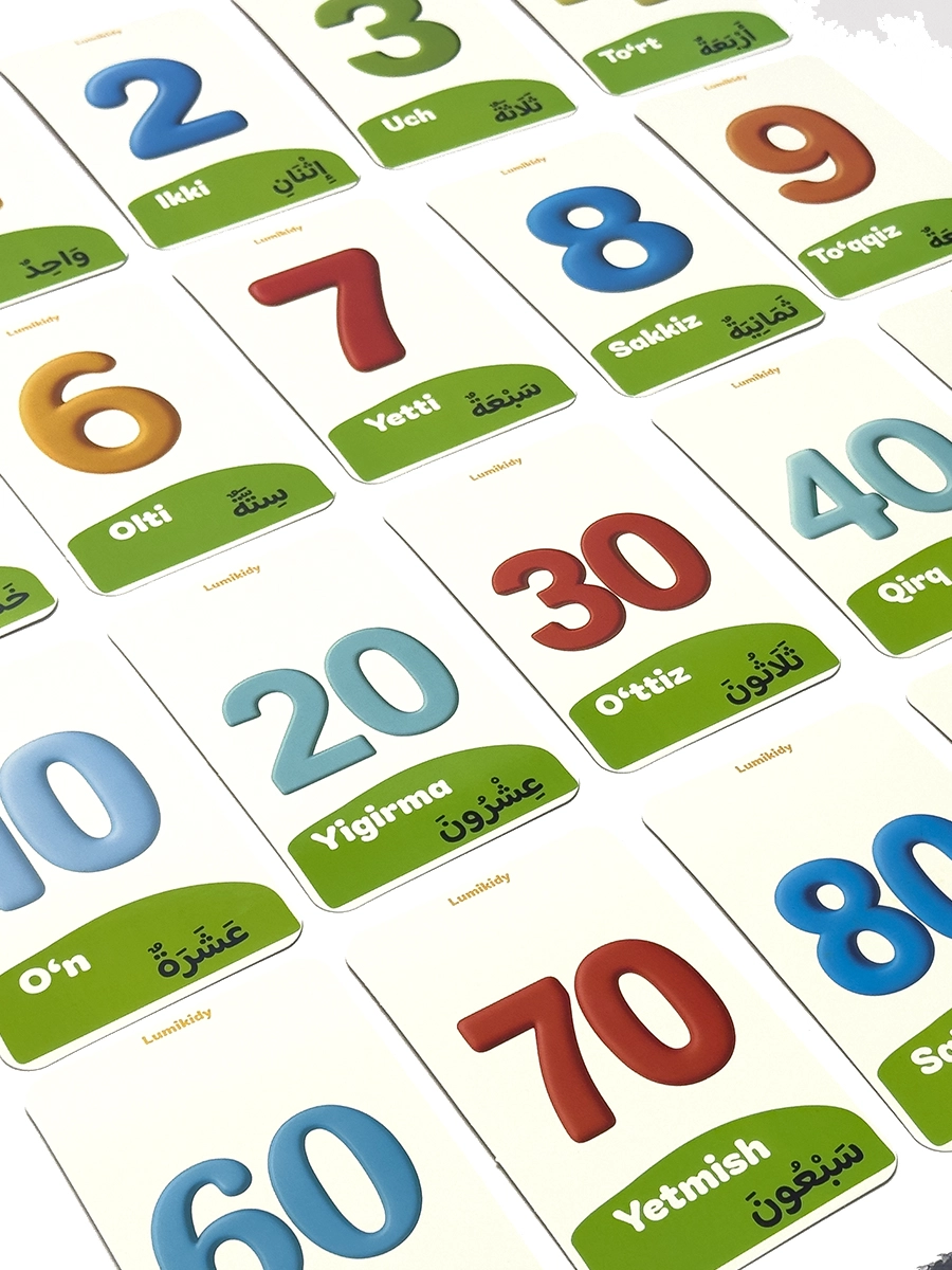 Bolalar rivojlanishi uchun kartochkalar: Raqamlar - الأرقام (arab tilida) O'zbekistonda