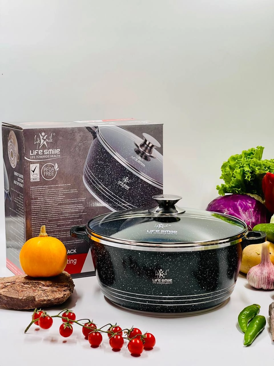 Казан со стеклянной крышкой Life Smile 28см 6,9л, Black в Узбекистане