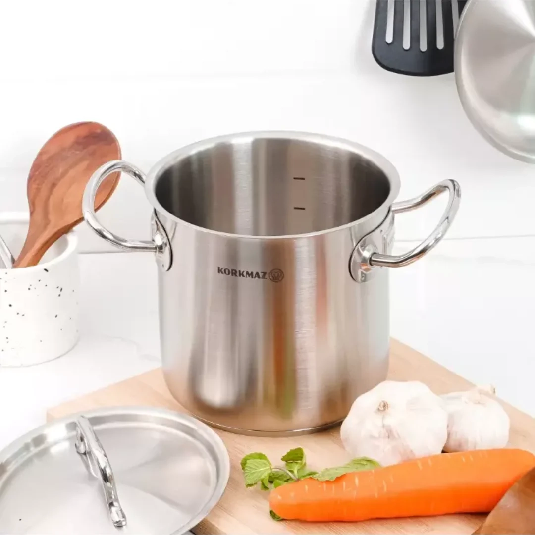 Korkmaz Proline Gastro 18x18 sm 4.3 l zanglamaydigan po‘lat, ko‘p qatlamli kapsulali taglik, baland kostryulkasi (A2729) , Silver yetkazib berish