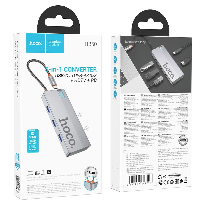 Type-C hub Hoco HB50 Wow 5‑in‑1 (3×USB-A, HDMI, 100W) bo'lib to'lash