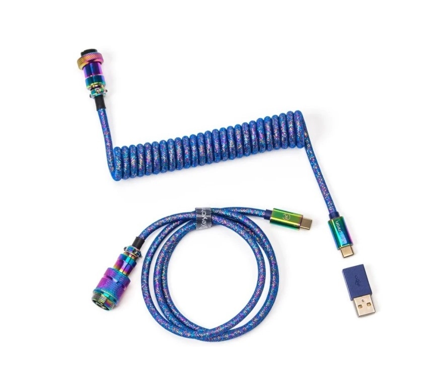 Type-A/Type-C Keychron Premium Coiled Aviator Cable — Straight Rainbow Palted Blue kabeli sotib olish