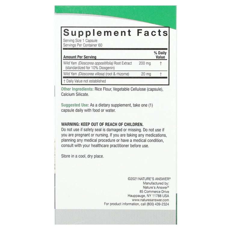 Nature's Answer, yovvoyi yam (yovvoyi ignasimon ildiz), 220 mg, 60 ta vegetarian kapsula (16449) arzon