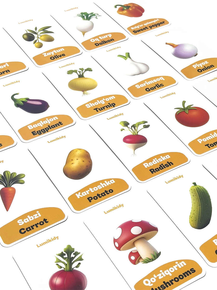 Bolalar rivojlanishi uchun kartochkalar: Sabzavotlar- Vegetables (ingliz tilida) O'zbekistonda