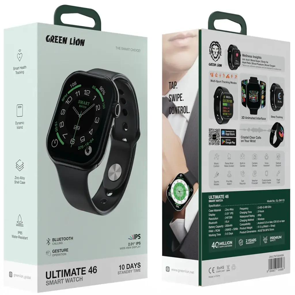 Green Lion Ultimate 46 mm qora smart-soati O'zbekistonda