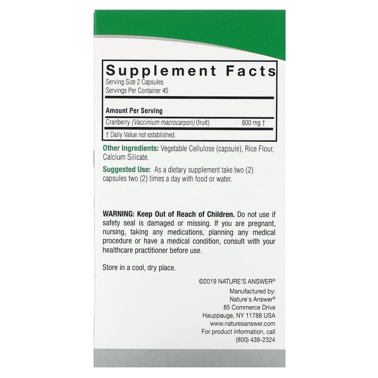 Nature's Answer, klyukva, 90 vegetarian kapsula (1 kapsulada 400 mg) (16158) arzon