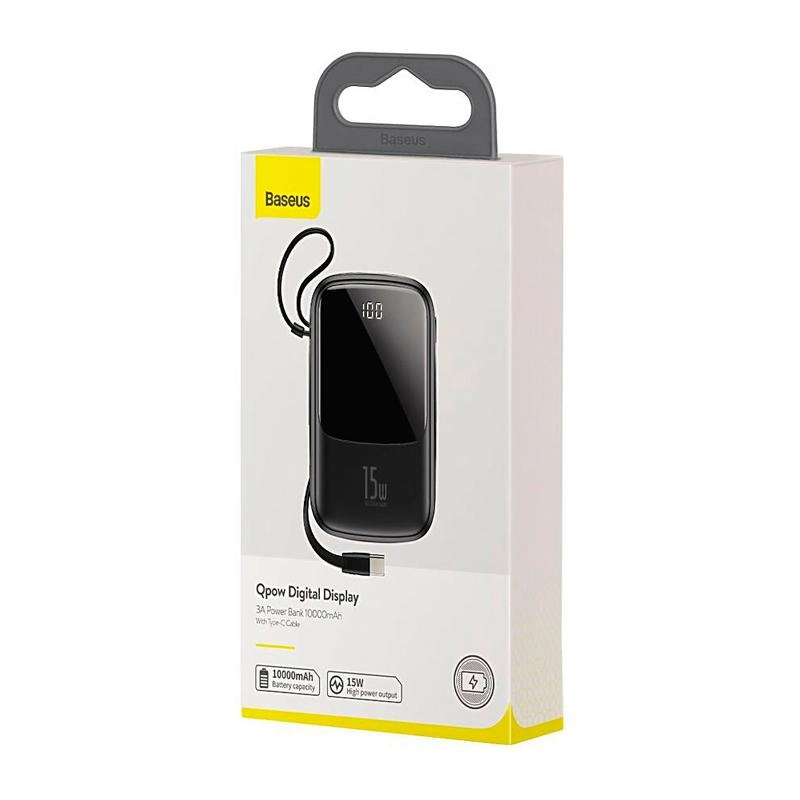 Baseus Qpow Digital Display 10000 mah Type-C kabelli 15W (Black) tashqi akkumulyatori bo'lib to'lash
