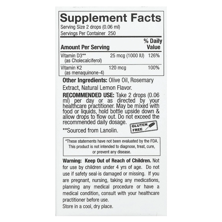 Nature's Answer, D3 va K2 vitaminlari, 25 mkg (1000 ME) va 120 mkg, suyuq tomchilar, 0,5 ml (120 fl oz) (26139) arzon