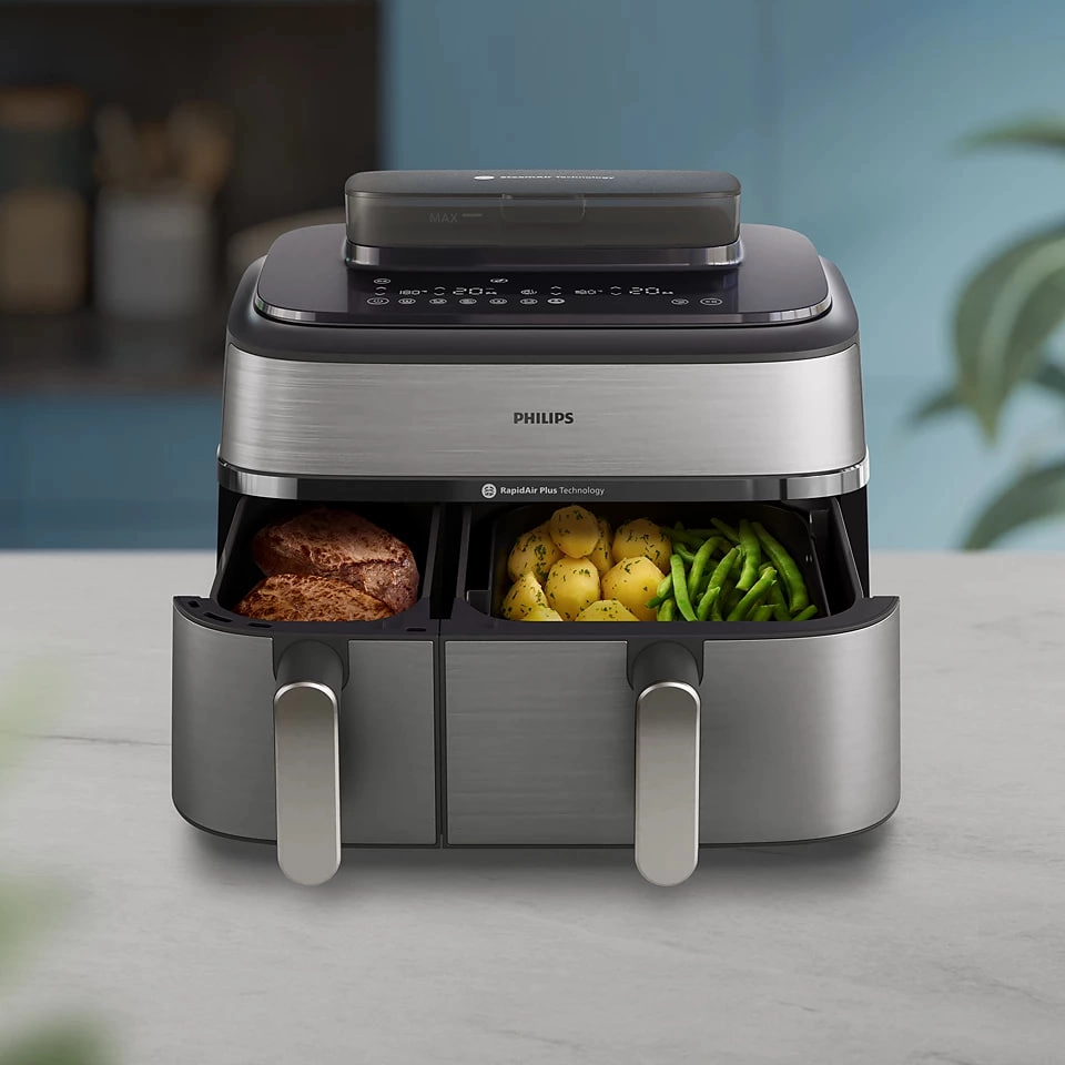 Philips Airfryer 5000 Series Dual Basket NA555 aerogrili arzon