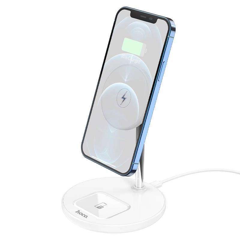 Hoco S23 2-in-1, Magnetic charging bracket, 15W, White magnitli simsiz zaryadlovchisi arzon