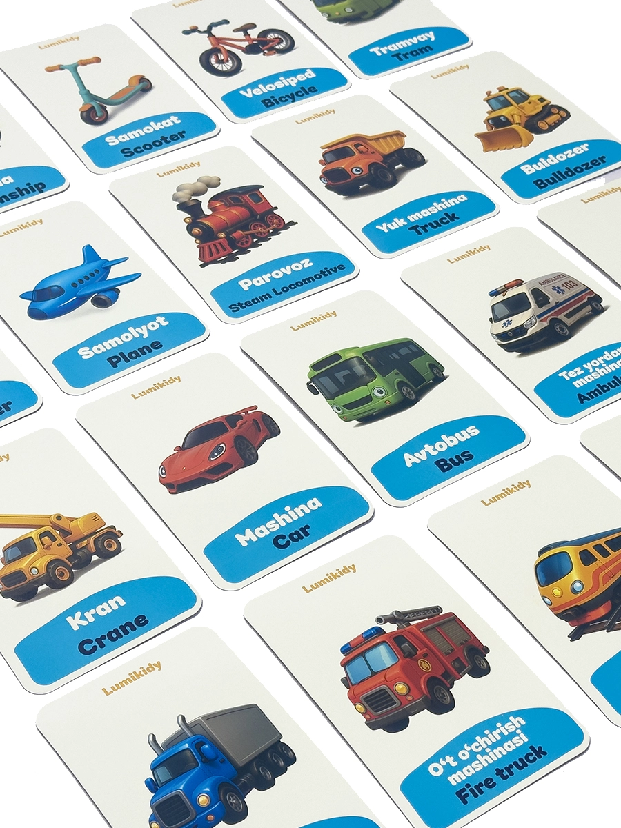 Bolalar rivojlanishi uchun kartochkalar: Transportlar - Transports (ingliz tilida) O'zbekistonda