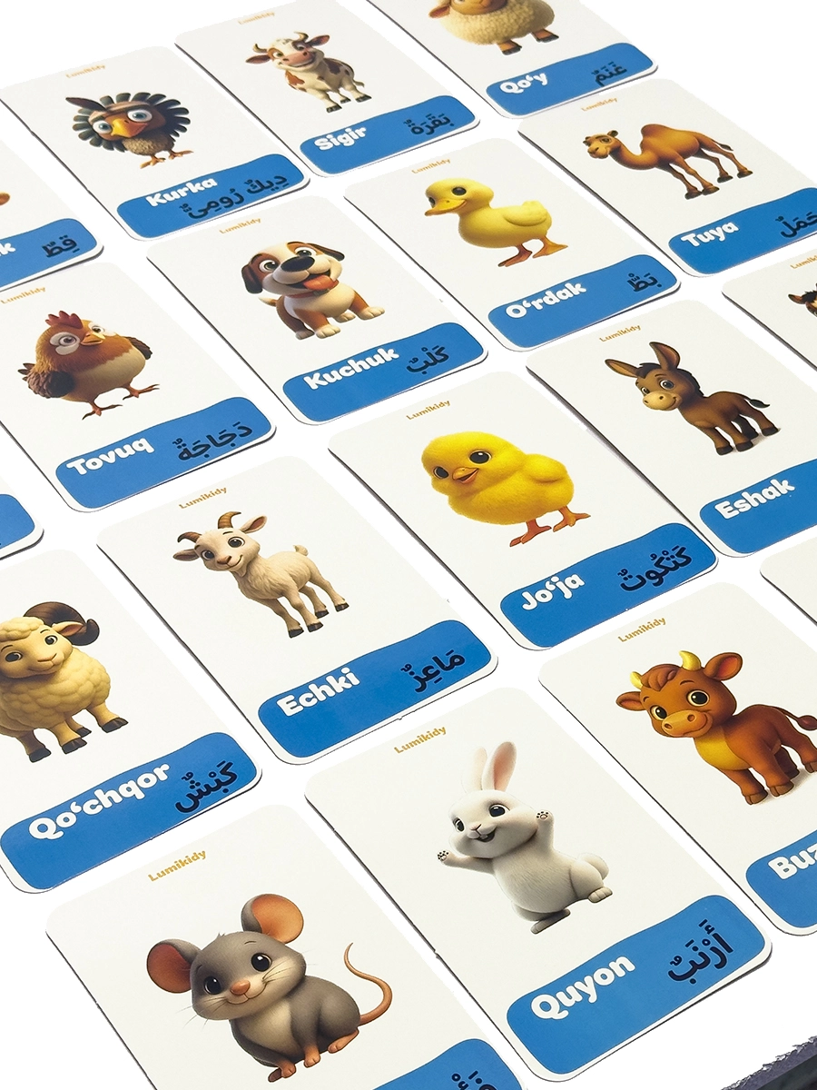 Bolalar rivojlanishi uchun kartochkalar: Uy hayvonlar - الحيوانات الأليفة (arab tilida) O'zbekistonda