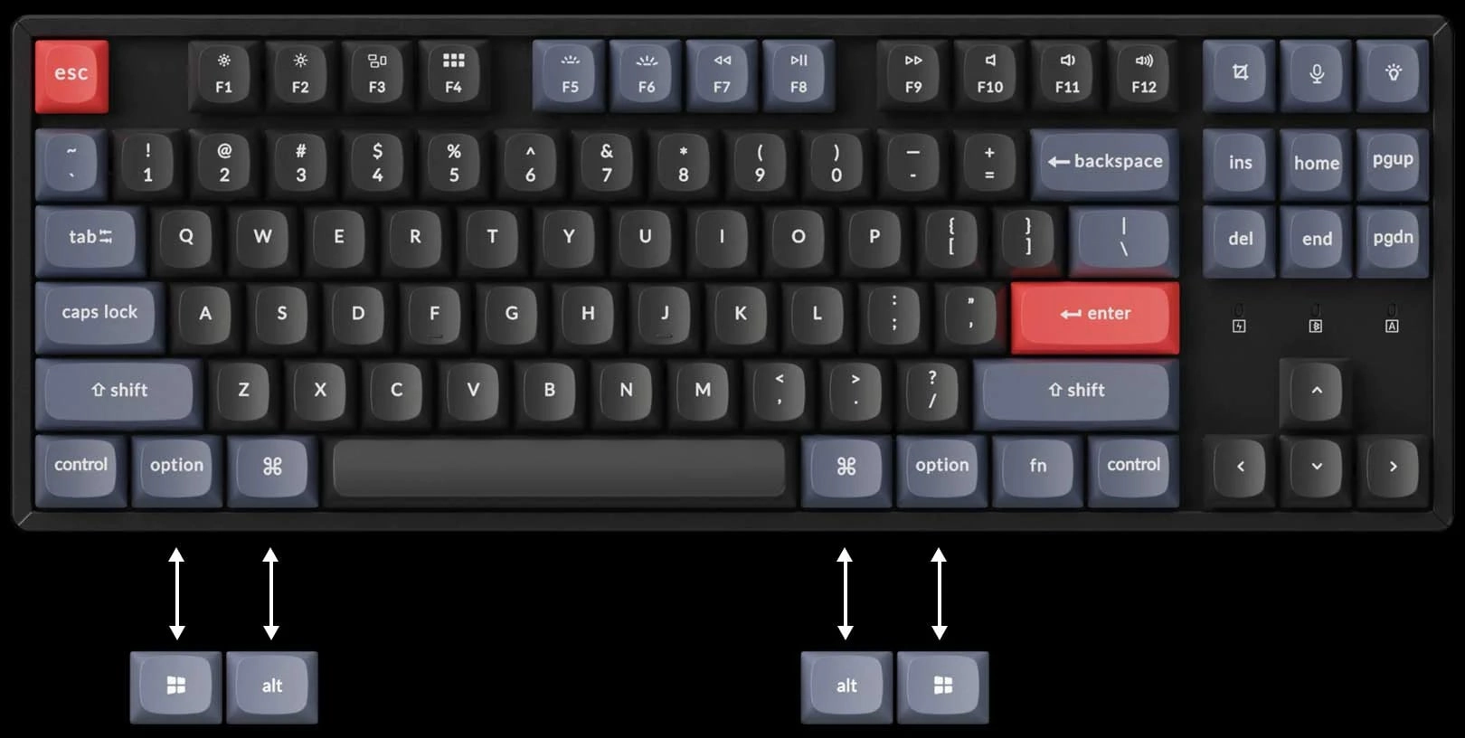 Klaviatura Keychron K8 87Key, Gateron G Pro Blue, Hot-Swap, BT/USB-A, EN/UKR, White Led, Черный O'zbekistonda