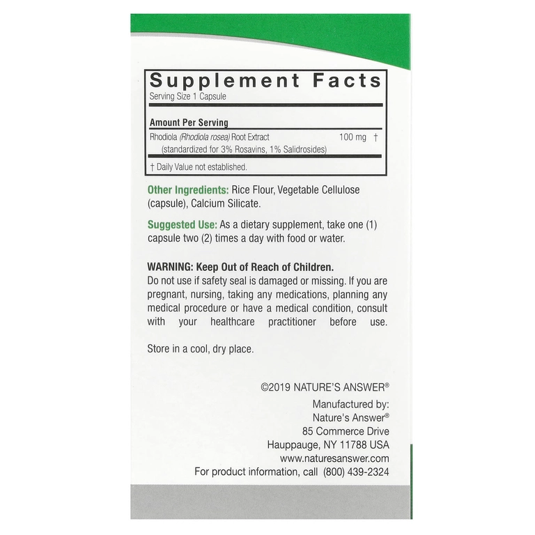 Nature's Answer, Rhodiola, 100 mg, 60 vegetarian kapsula (16426) arzon