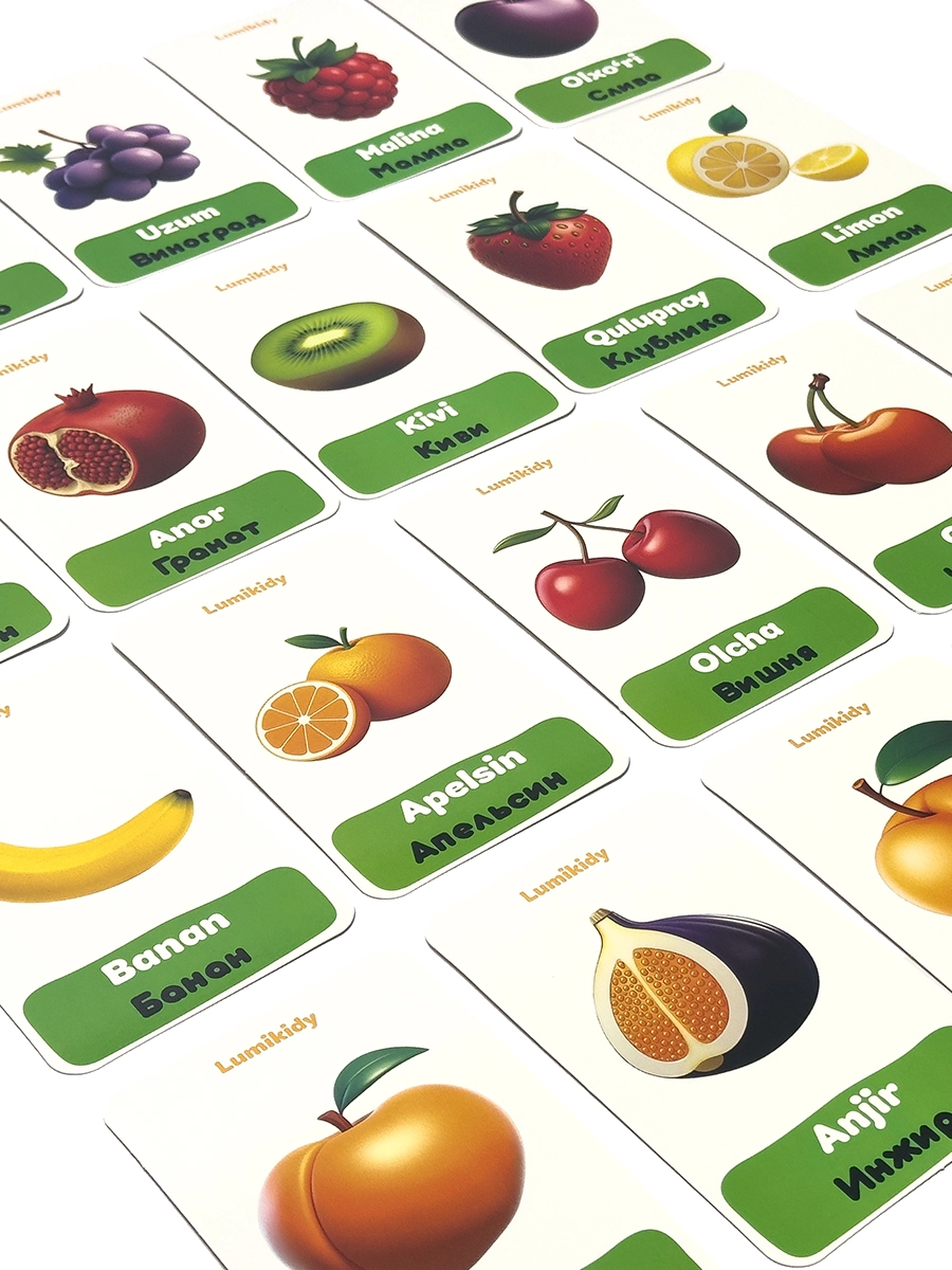 Bolalar rivojlanishi uchun kartochkalar: Mevalar - Фрукты (rus tilida) O'zbekistonda