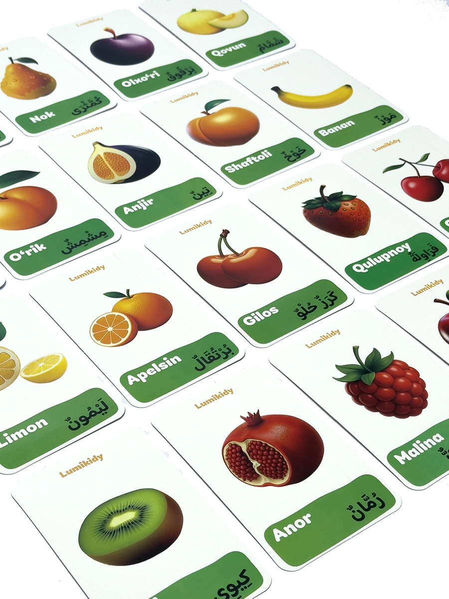 Bolalar rivojlanishi uchun kartochkalar: Mevalar - الفواكه (arab tilida) onlayn