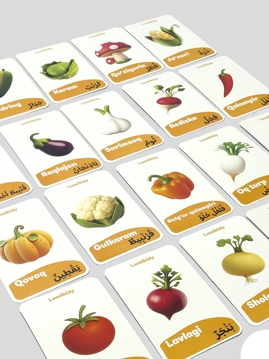 Bolalar rivojlanishi uchun kartochkalar: Sabzavotlar- الخضروات (arab tilida) O'zbekistonda