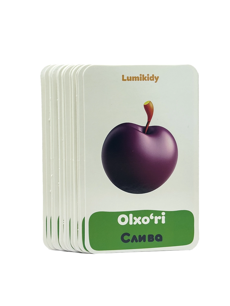 Bolalar rivojlanishi uchun kartochkalar: Mevalar - Фрукты (rus tilida) bo'lib to'lash