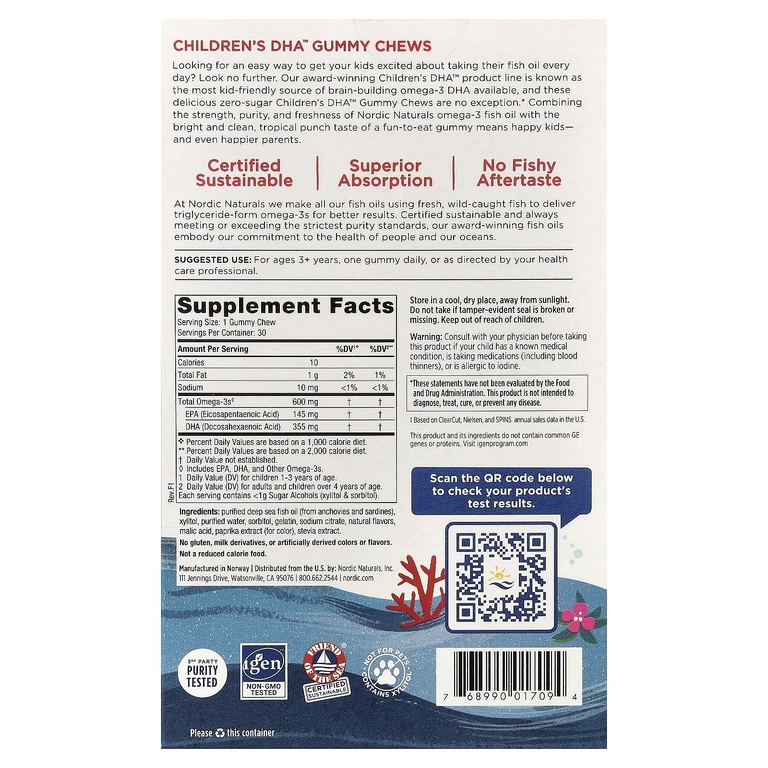 Nordic Naturals Children’s DHA™ bolalar uchun chaynaydigan tabletkalar, tropik panch, 355 mg DHA, 30 dona (01709) arzon