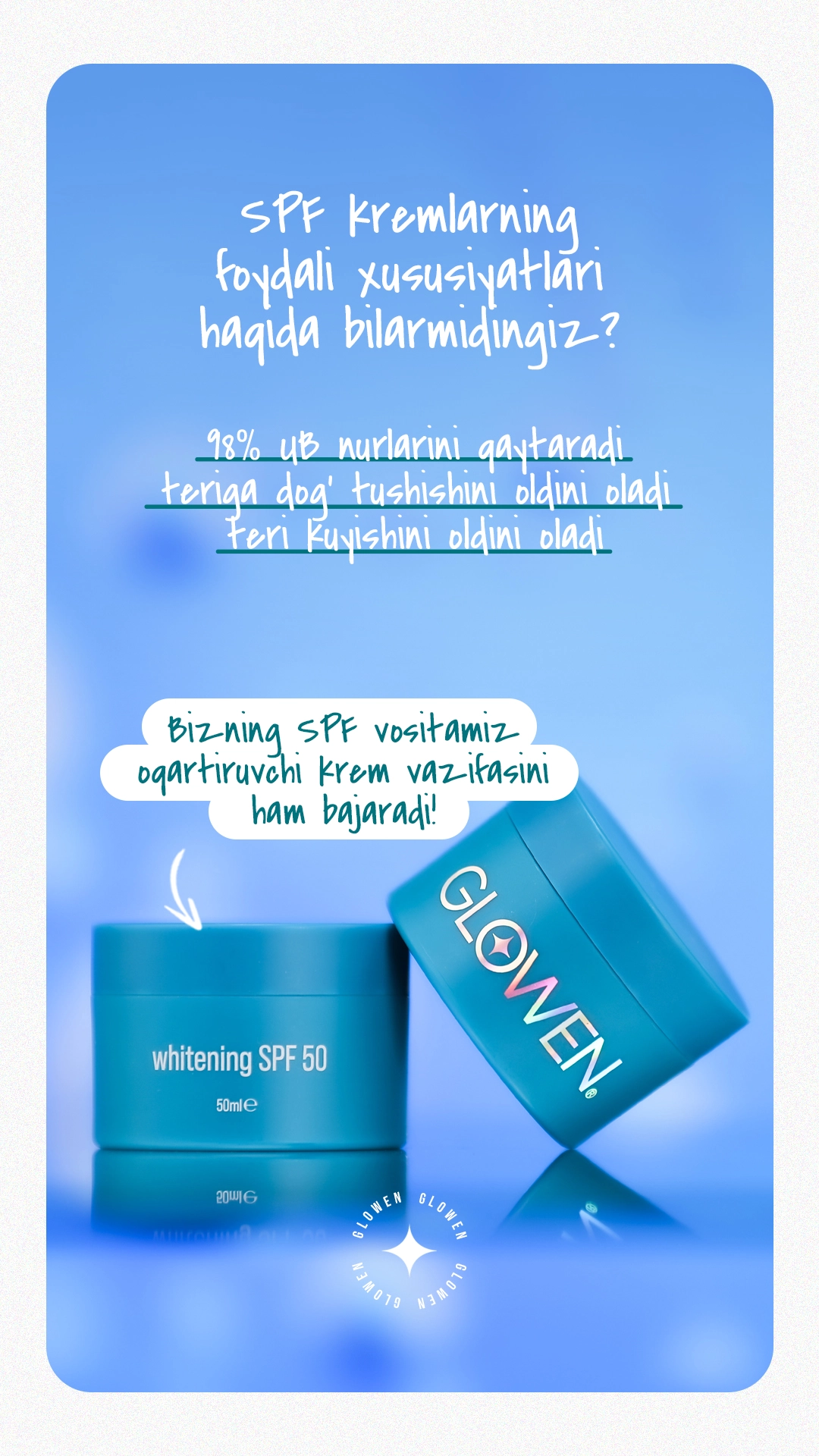 Glowen Whitening spf 50  quyoshdan saqlovchi krem arzon