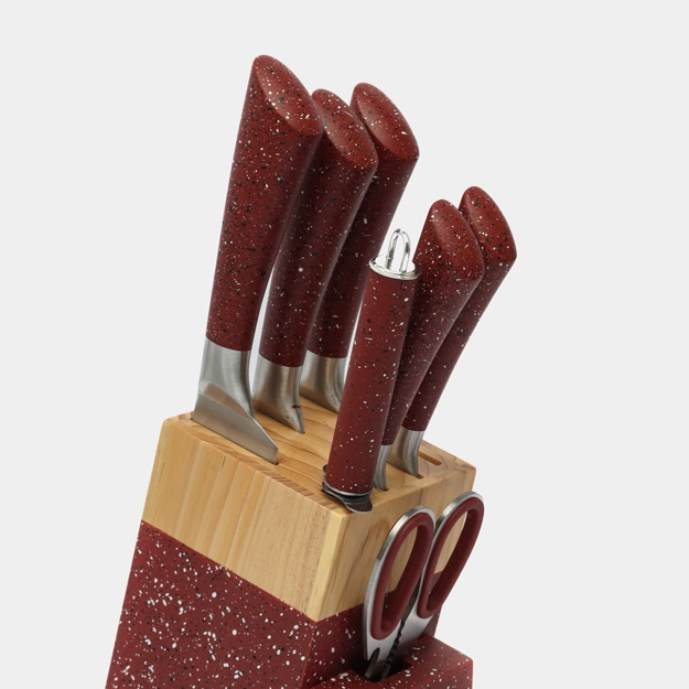 Oshxona pichoqlari to'plami 9 ta yog'och stendli (Skarlet) arzon