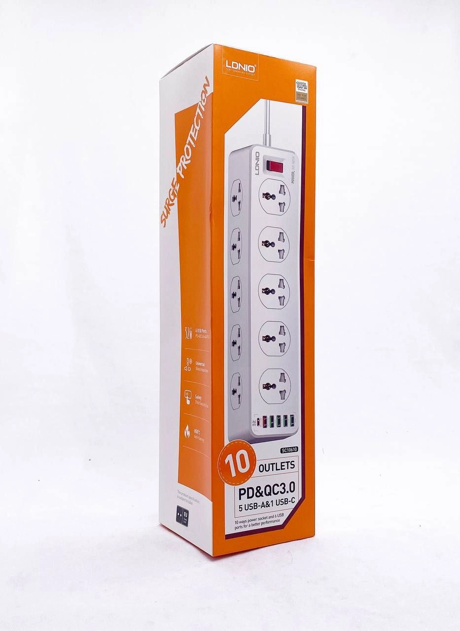 Сетевой фильтр LDNIO SC10610, 10 розеток, 2500W, 4 х USB, 1 х PD, 1 х QC3.0, 2м белый недорого