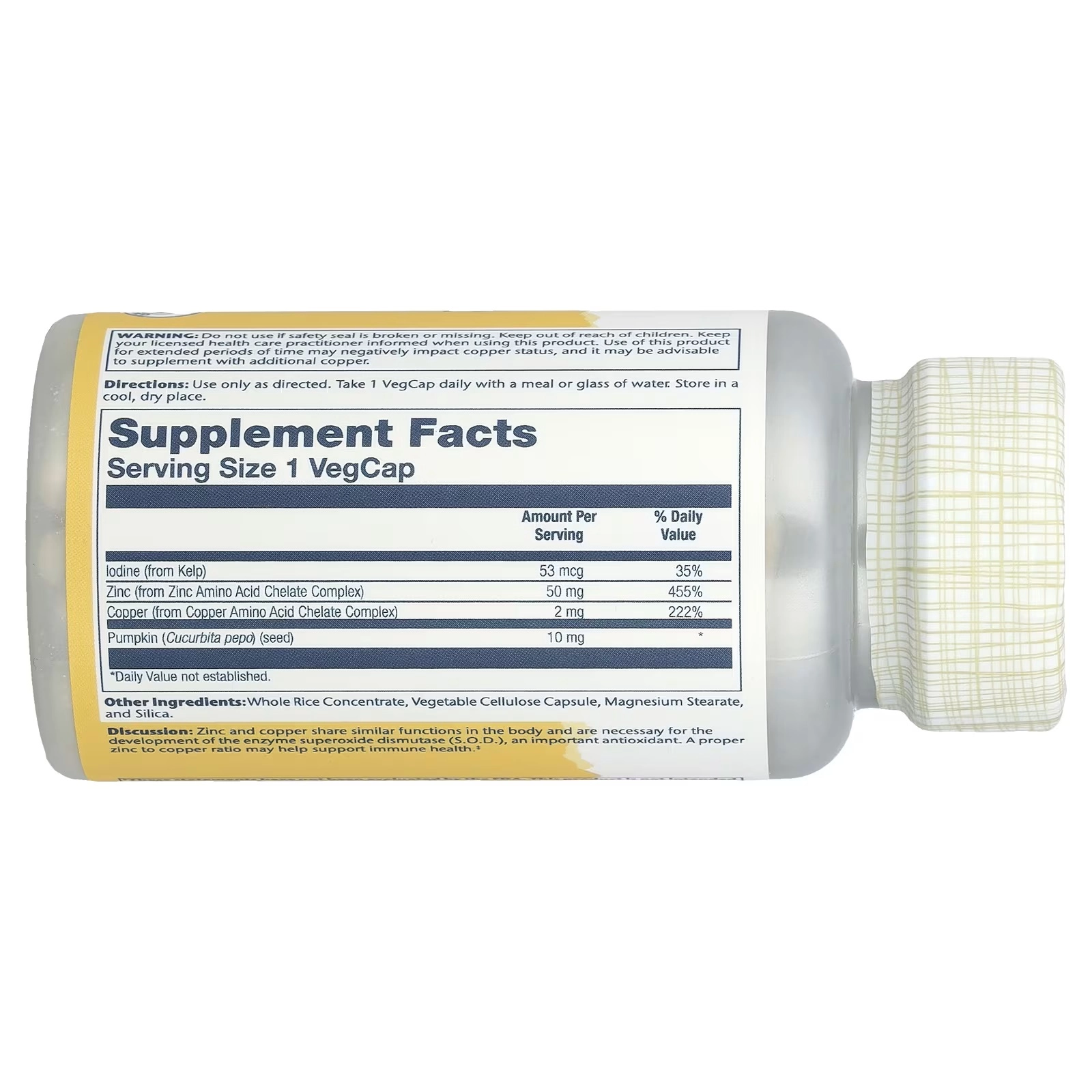 Solaray, Tsink va Mis, Buroy suv o'simliklari va qovoq urug'lari bilan 100 kapsul VegCap (47105) arzon