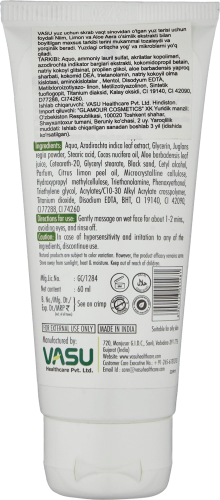 YUZ UCHUN TOZALOVCHI SKRAB VASU SKIN PURIFYING FACE SCRUB 60ML O'zbekistonda