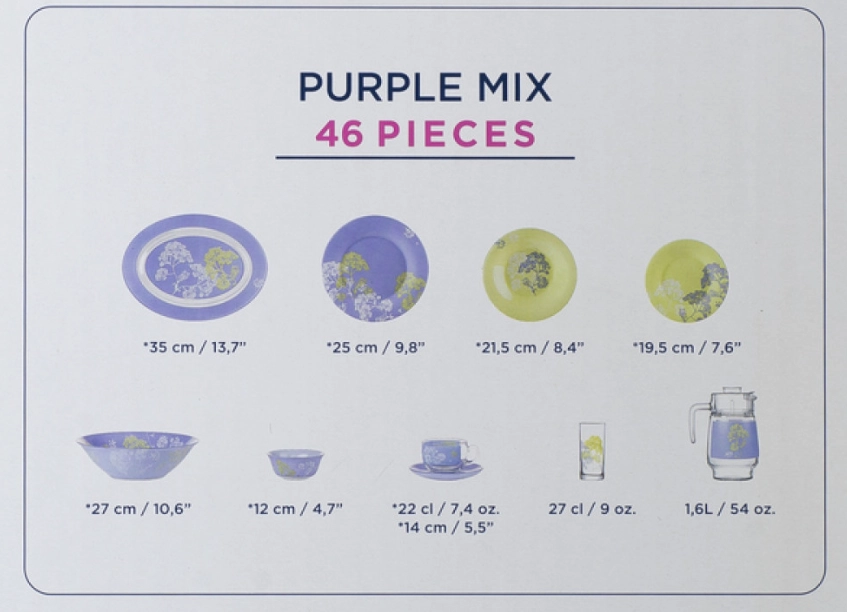 Luminarc Purple Mix 46 ta element Stol servisi (N4799) O'zbekistonda