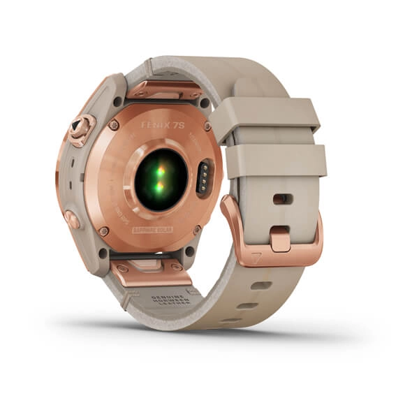 Garmin FENIX 7S Sapphire Solar Edition Rose Gold Titanium with Limestone Leather Band smart-soati rasm bilan
