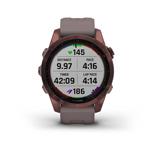 Garmin FENIX 7S Sapphire Solar Edition Dark Bronze Titanium with Shale Grey Band smart-soati rasm bilan
