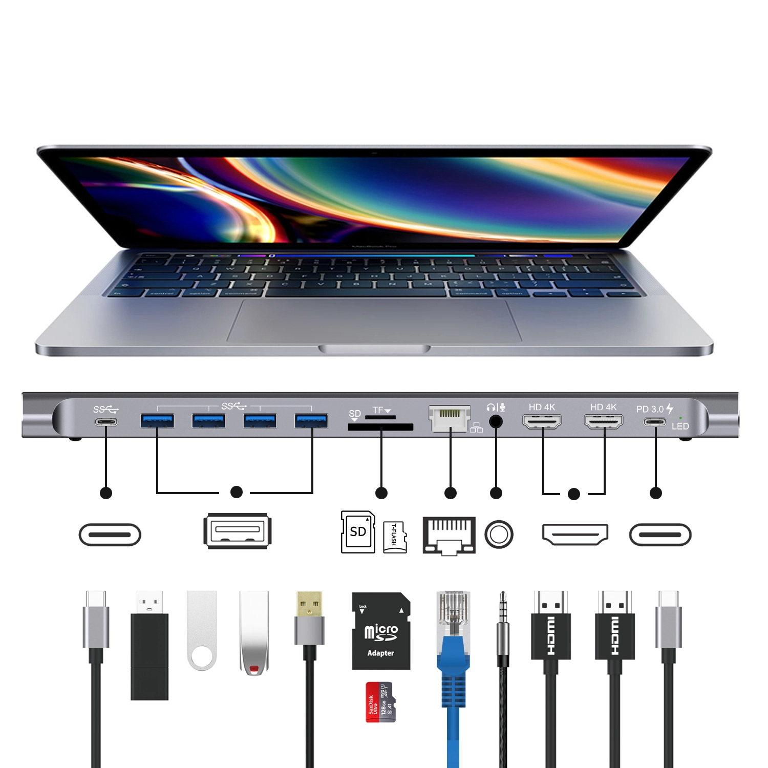 USB Hub ONTEN 12in1 OTN-9199 USB-C USB-konsentratori , Grey onlayn