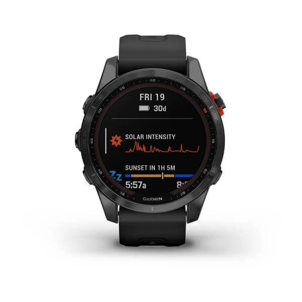 Garmin FENIX 7S Solar kulrang-qora rangli silikon tasmali smart-soati narxi
