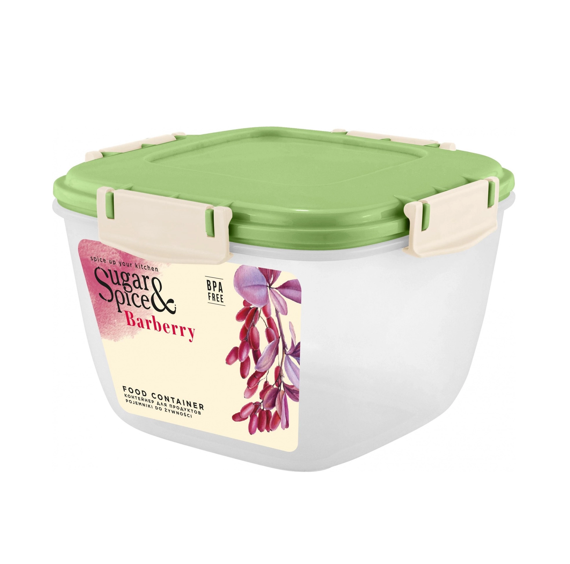 Контейнер для продуктов Sugar&Spice Вarberry, с защелками, герметичный, 1,35л, квадратный фисташка купить