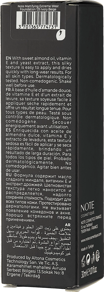 NOTE MATTIFYING EXTREME WEAR FOUNDATION 125 SPF15 (30 ml) tonal kremi O'zbekistonda