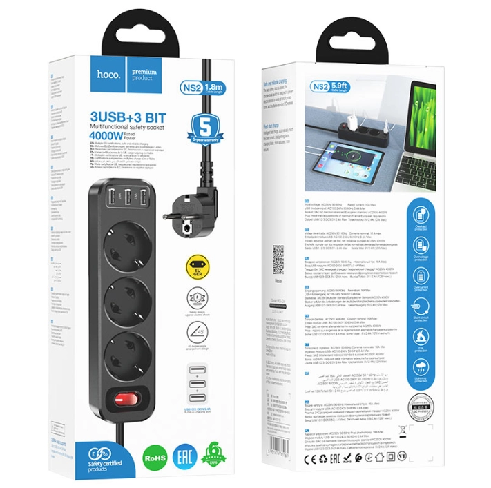 Удлинитель Hoco pilot NS2 4000w чёрный в Узбекистане
