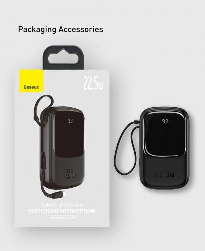 Baseus Qpow Digital Display 20000 mah Type-C 22.5W kabelli qora tashqi akkumulyatori O'zbekistonda