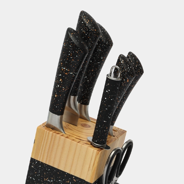 Oshxona pichoqlari to'plami 9 ta yog'och stendli (kulrang) arzon