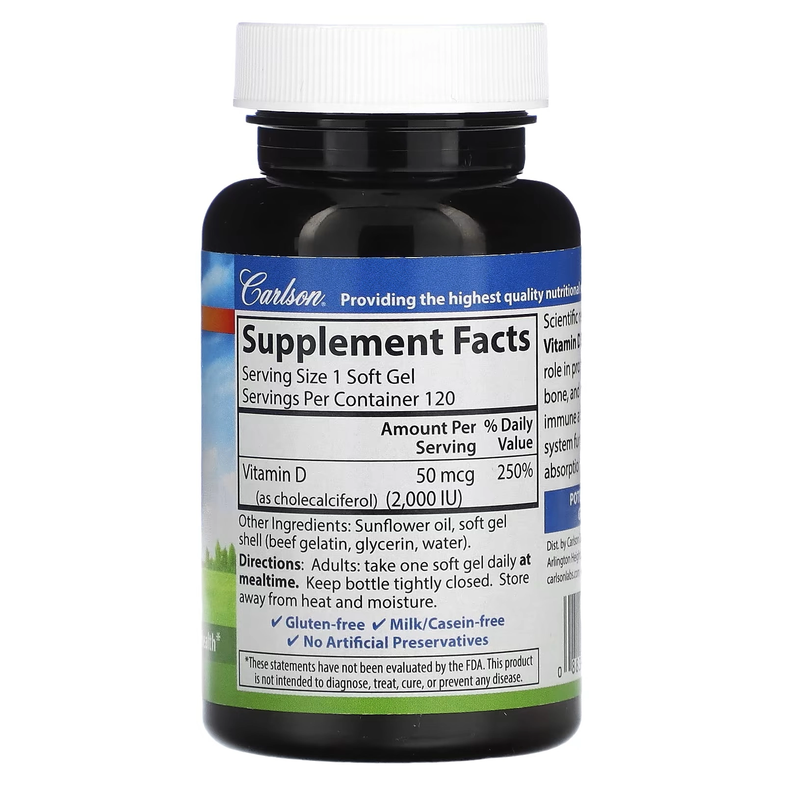 Carlson, Витамин D3, 50 мкг (2000 МЕ), 120 мягких таблеток (01461) купить