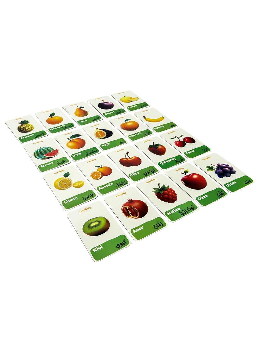 Bolalar rivojlanishi uchun kartochkalar: Mevalar - الفواكه (arab tilida) O'zbekistonda